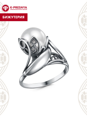 Кольцо бижутерия, покрытие - серебрение с оксидированием, вставка - имитация жемчуга