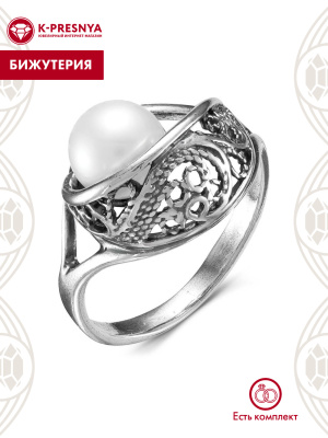 Кольцо бижутерия, покрытие - серебрение с оксидированием, вставка - культивированный жемчуг
