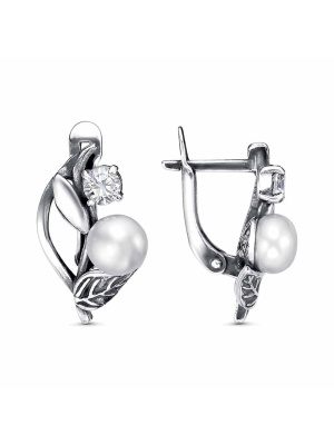 Серьги бижутерия, покрытие - серебрение с оксидированием, вставка - культивированный жемчуг, фианит (недрагоценный камень)