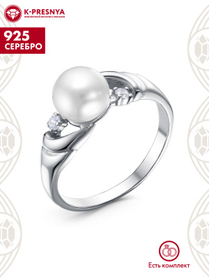 Кольцо серебро 925 пробы, покрытие - платинирование, вставка - культивированный жемчуг, фианит (недрагоценный камень)