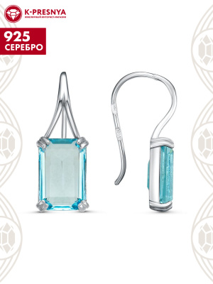 Серьги серебро 925 пробы, покрытие - родирование, вставка - топаз голубой (искусственный)