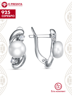 Серьги серебро 925 пробы, покрытие - платинирование, вставка - культивированный жемчуг, фианит (недрагоценный камень)