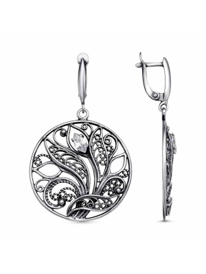 Серьги серебро 925 пробы, покрытие - оксидирование, вставка - фианит (недрагоценный камень)