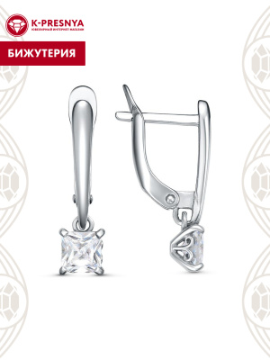 Серьги бижутерия, покрытие - платинирование, вставка - фианит (недрагоценный камень)