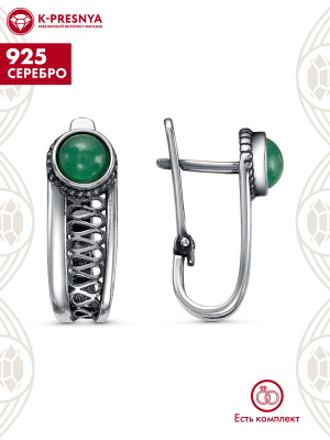 Серьги серебро 925 пробы, покрытие - оксидирование, вставка - искусственный агат зелёный