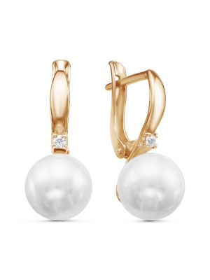 Серьги серебро 925 пробы, покрытие - золочение, вставка - имитация жемчуга, фианит (недрагоценный камень)