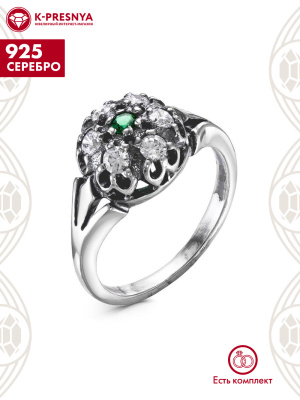 Кольцо серебро 925 пробы, покрытие - оксидирование, вставка - искусственная шпинель, фианит (недрагоценный камень)