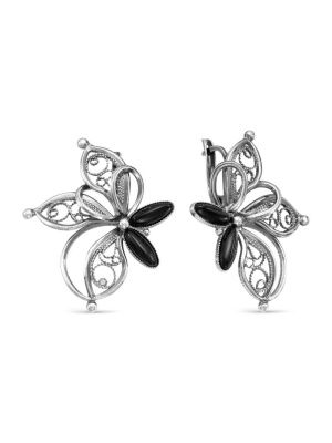 Серьги бижутерия, покрытие - серебрение с оксидированием, вставка - искусственный агат черный