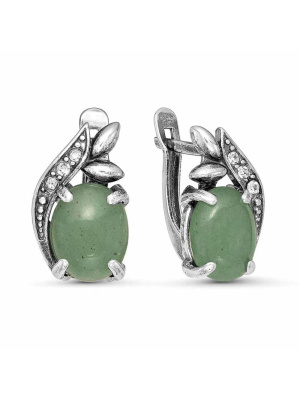 Серьги бижутерия, покрытие - серебрение с оксидированием, вставка - искусственный нефрит , стекло ювелирное preciosa
