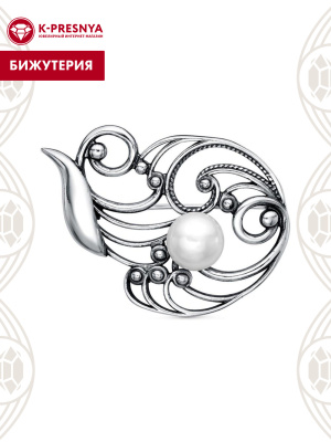 Брошь бижутерия, покрытие - серебрение с оксидированием, вставка - культивированный жемчуг