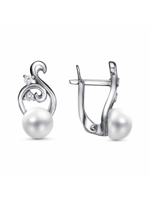 Серьги бижутерия, покрытие - серебрение с оксидированием, вставка - культивированный жемчуг, фианит (недрагоценный камень)