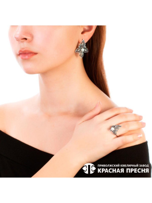 Серьги серебро 925 пробы, покрытие - оксидирование, вставка - культивированный жемчуг