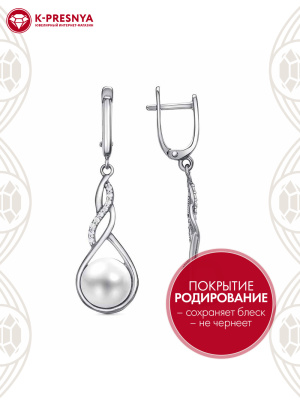 Серьги серебро 925 пробы, покрытие - родирование, вставка - культивированный жемчуг, фианит (недрагоценный камень)