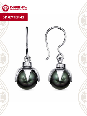 Серьги бижутерия, покрытие - серебрение с оксидированием, вставка - имитация жемчуга