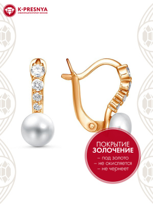 Серьги серебро 925 пробы, покрытие - золочение, вставка - культивированный жемчуг, фианит (недрагоценный камень)