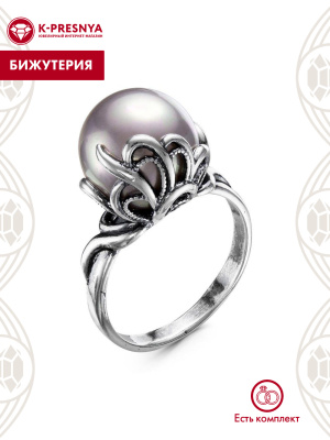 Кольцо бижутерия, покрытие - серебрение с оксидированием, вставка - имитация жемчуга