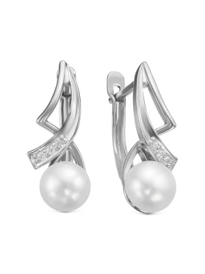 Серьги серебро 925 пробы, покрытие - родирование, вставка - культивированный жемчуг, фианит (недрагоценный камень)