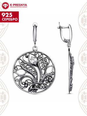 Серьги серебро 925 пробы, покрытие - оксидирование, вставка - фианит (недрагоценный камень)