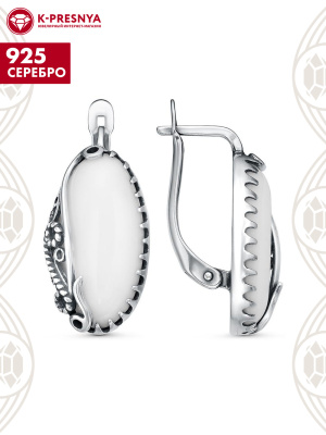 Серьги серебро 925 пробы, покрытие - оксидирование, вставка - агат белый (искусственный)