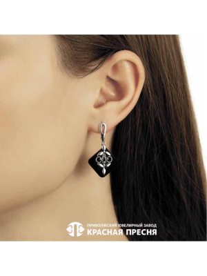 Серьги серебро 925 пробы, покрытие - оксидирование, вставка - стекло ювелирное собственной огранки