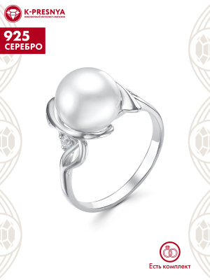 Кольцо серебро 925 пробы, покрытие - родирование, вставка - имитация жемчуга, фианит (недрагоценный камень)