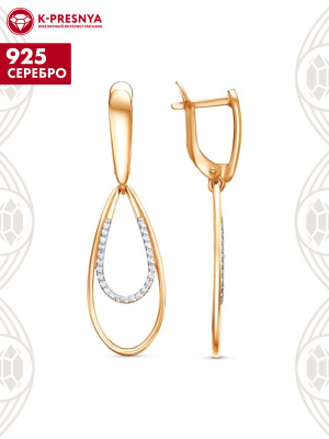 Серьги серебро 925 пробы, покрытие - золочение, выборочное родирование, вставка - фианит (недрагоценный камень)