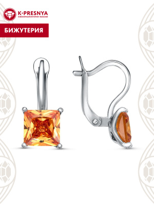 Серьги бижутерия, покрытие - платинирование, вставка - фианит (недрагоценный камень)