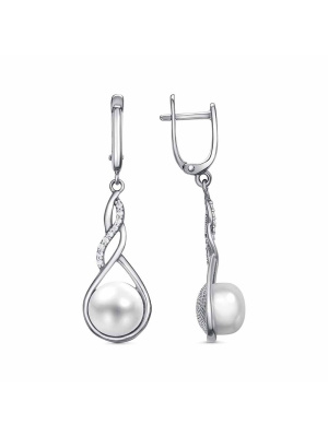 Серьги серебро 925 пробы, покрытие - родирование, вставка - культивированный жемчуг, фианит (недрагоценный камень)