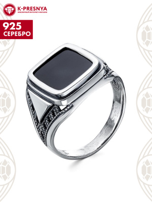 Кольцо серебро 925 пробы, покрытие - оксидирование, вставка - искусственный агат черный
