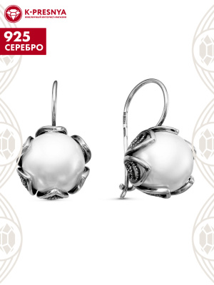 Серьги серебро 925 пробы, покрытие - оксидирование, вставка - имитация жемчуга