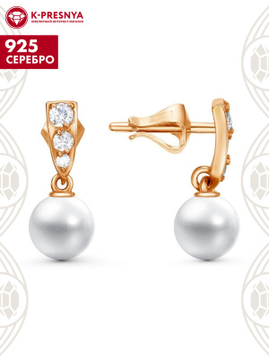 Серьги серебро 925 пробы, покрытие - золочение, вставка - имитация жемчуга, фианит (недрагоценный камень)