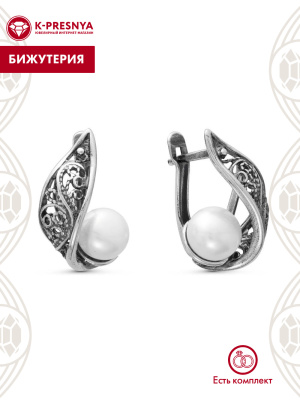 Серьги бижутерия, покрытие - серебрение с оксидированием, вставка - культивированный жемчуг