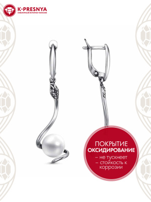 Серьги серебро 925 пробы, покрытие - оксидирование, вставка - имитация жемчуга