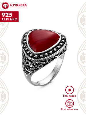 Кольцо серебро 925 пробы, покрытие - оксидирование, вставка - искусственный коралл