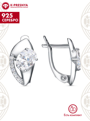 Серьги серебро 925 пробы, покрытие - платинирование, вставка - фианит (недрагоценный камень)