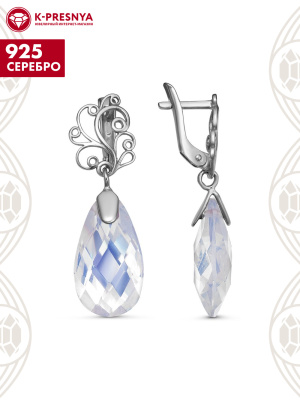 Серьги серебро 925 пробы, покрытие - родирование, вставка - лунный камень (искусственный)