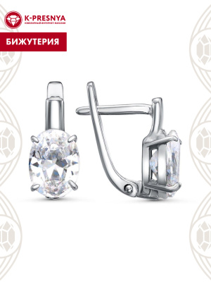 Серьги бижутерия, покрытие - платинирование, вставка - фианит (недрагоценный камень)