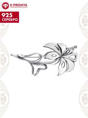 Брошь серебро 925 пробы, покрытие - платинирование, отделка - эмаль, вставка - фианит (недрагоценный камень)
