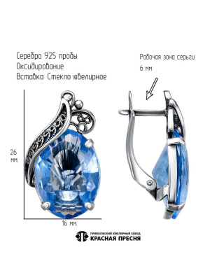 Серьги серебро 925 пробы, покрытие - оксидирование, вставка - стекло ювелирное собственной огранки