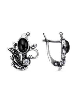 Серьги серебро 925 пробы, покрытие - оксидирование, вставка - искусственный агат черный, фианит (недрагоценный камень)
