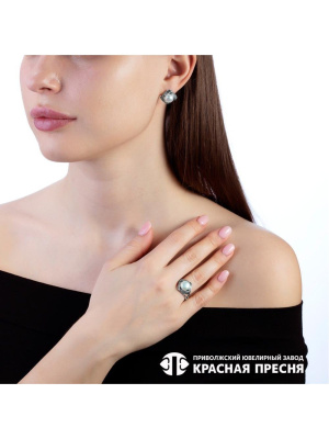 Серьги серебро 925 пробы, покрытие - оксидирование, вставка - культивированный жемчуг, фианит (недрагоценный камень)
