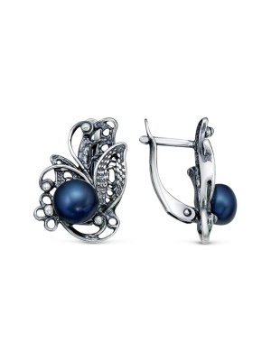 Серьги бижутерия, покрытие - серебрение с оксидированием, вставка - культивированный жемчуг