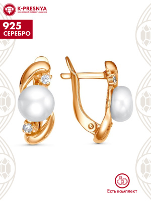 Серьги серебро 925 пробы, покрытие - золочение, вставка - культивированный жемчуг, фианит (недрагоценный камень)