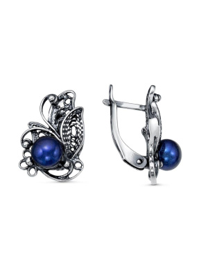 Серьги серебро 925 пробы, покрытие - оксидирование, вставка - культивированный жемчуг