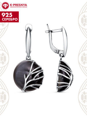 Серьги серебро 925 пробы, покрытие - оксидирование, вставка - искусственный кошачий глаз
