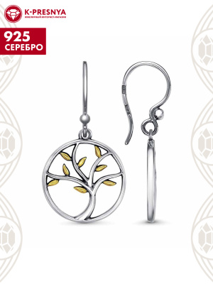 Серьги серебро 925 пробы, покрытие - оксидирование, выборочное золочение, без вставок