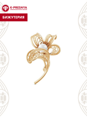 Брошь бижутерия, покрытие - золочение, вставка - культивированный жемчуг