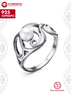 Кольцо серебро 925 пробы, покрытие - оксидирование, вставка - культивированный жемчуг