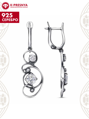 Серьги серебро 925 пробы, покрытие - оксидирование, вставка - фианит (недрагоценный камень)