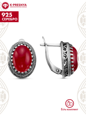 Серьги серебро 925 пробы, покрытие - оксидирование, вставка - искусственный коралл